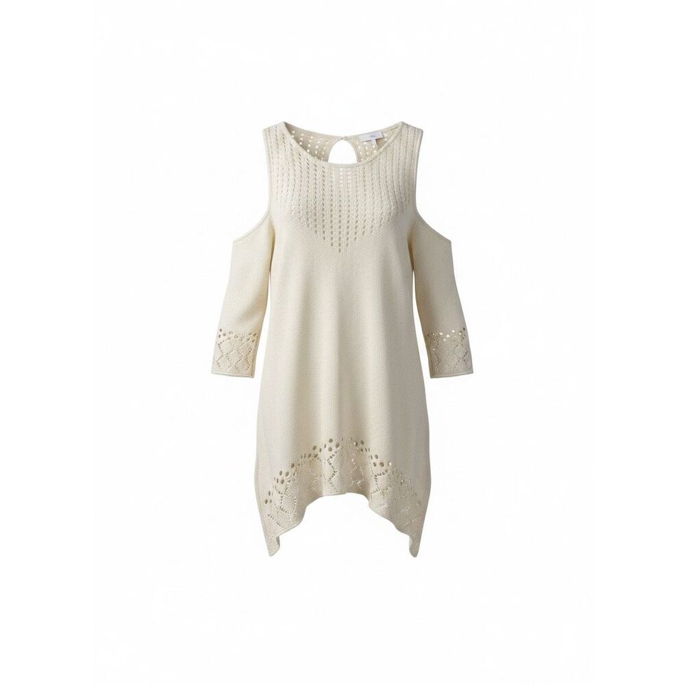 LC Lauren Conrad NWOT Cold Shoulder Pointelle Crochet Knit Sweater Ivory Small